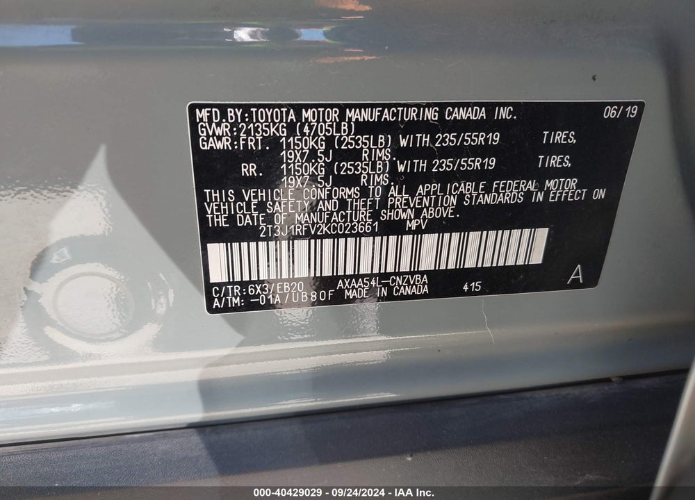 2019 TOYOTA RAV4 ADVENTURE VIN: 2T3J1RFV2KC023661