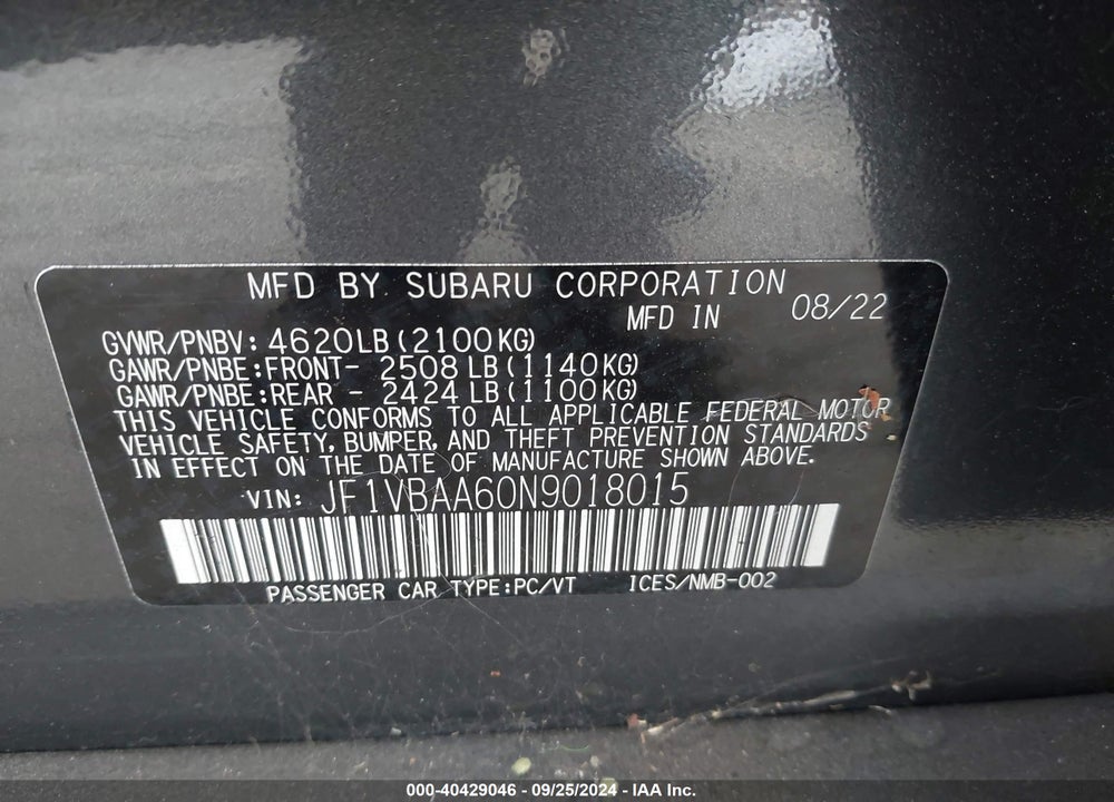 2022 SUBARU WRX VIN: JF1VBAA60N9018015