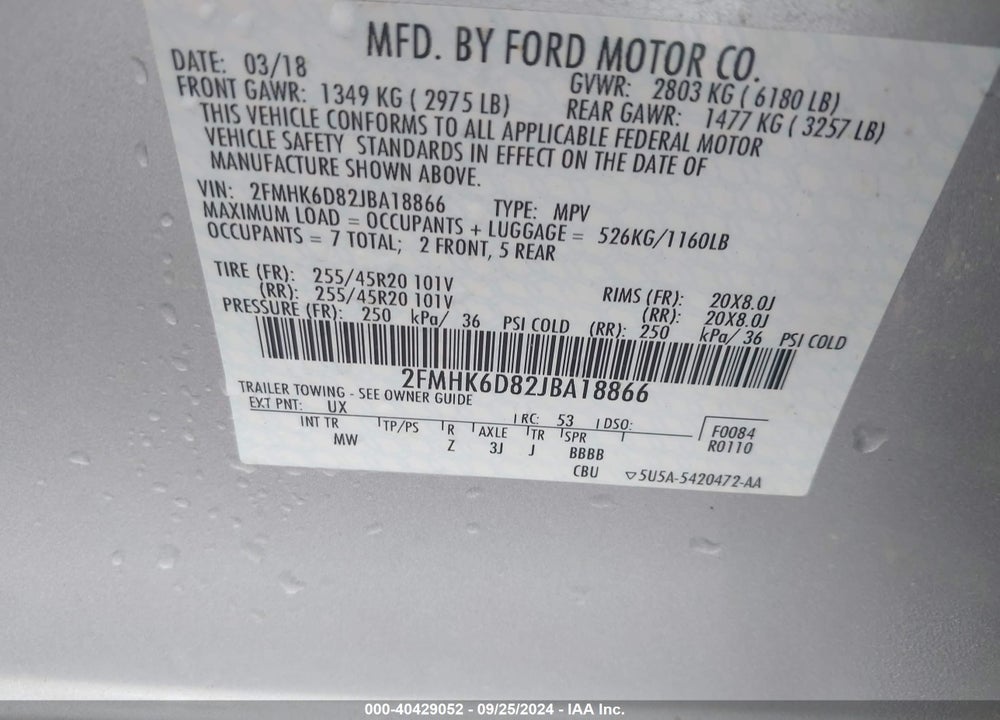 2018 FORD FLEX LIMITED VIN: 2FMHK6D82JBA18866