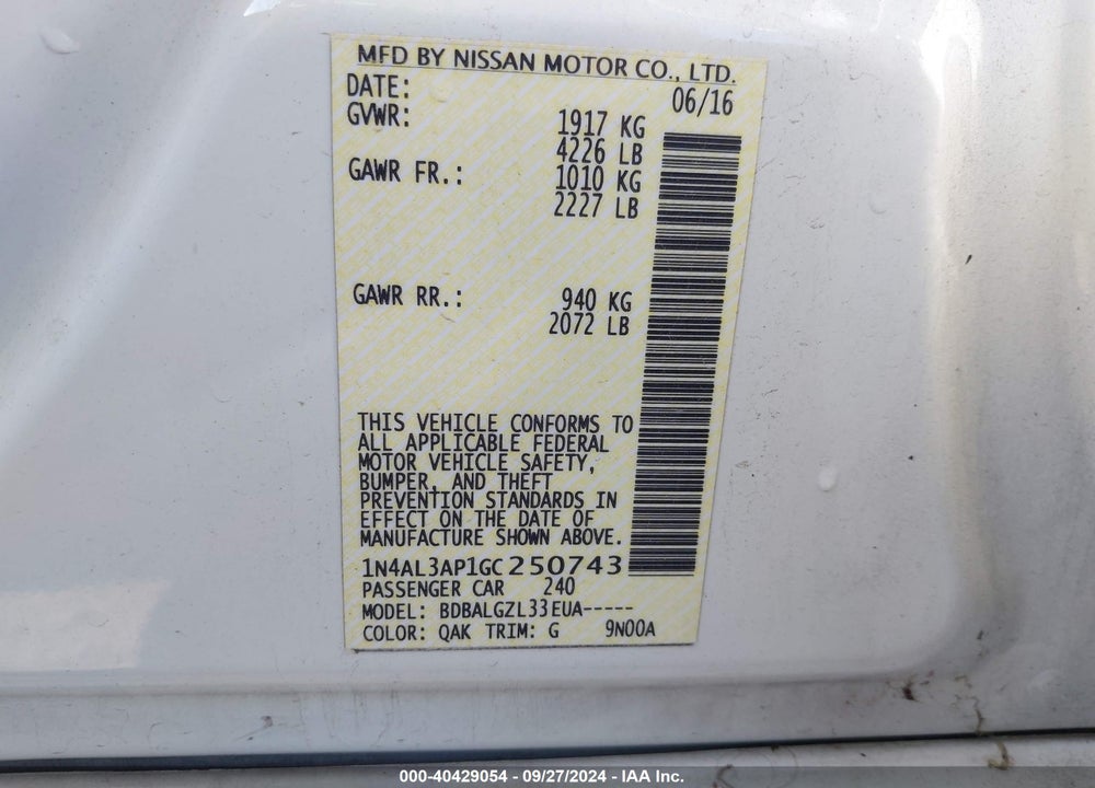 2016 NISSAN ALTIMA 2.5/2.5 S/2.5 SL/2.5 SR/2.5 SV VIN: 1N4AL3AP1GC250743