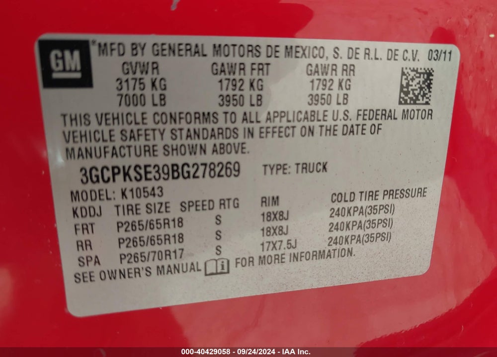 2011 CHEVROLET SILVERADO 1500 LT VIN: 3GCPKSE39BG278269