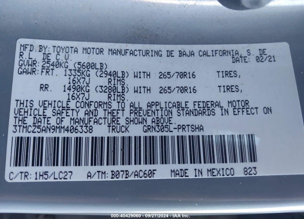 2021 TOYOTA TACOMA TRD OFF ROAD VIN: 3TMCZ5AN9MM406338