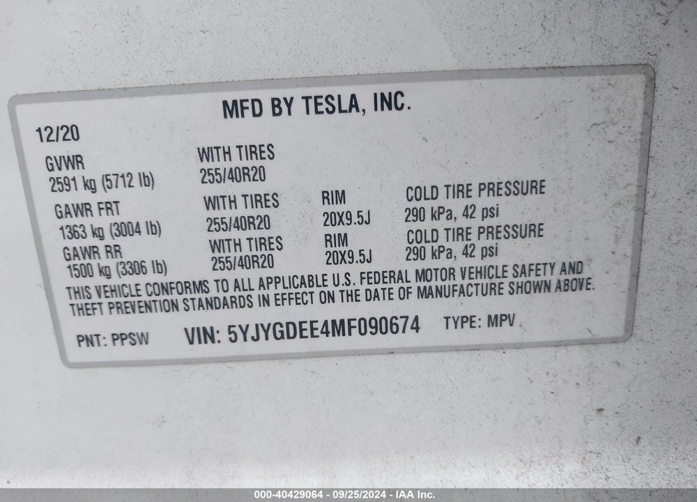2021 TESLA MODEL Y LONG RANGE DUAL MOTOR ALL-WHEEL DRIVE VIN: 5YJYGDEE4MF090674