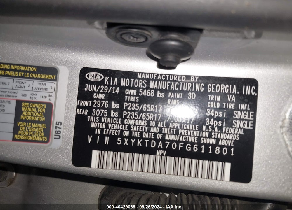 2015 KIA SORENTO LX V6 VIN: 5XYKTDA70FG611801