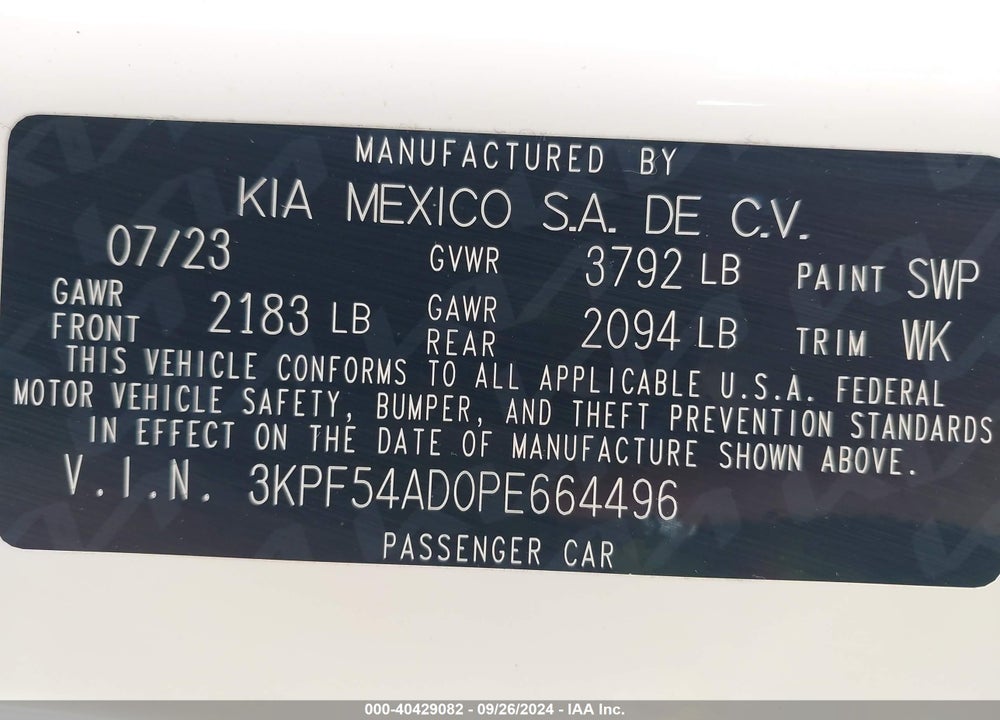 2023 KIA FORTE GT LINE VIN: 3KPF54AD0PE664496