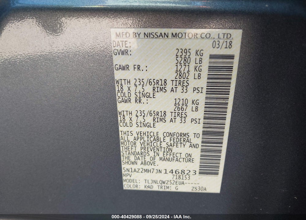 2018 NISSAN MURANO SV VIN: 5N1AZ2MH7JN146823
