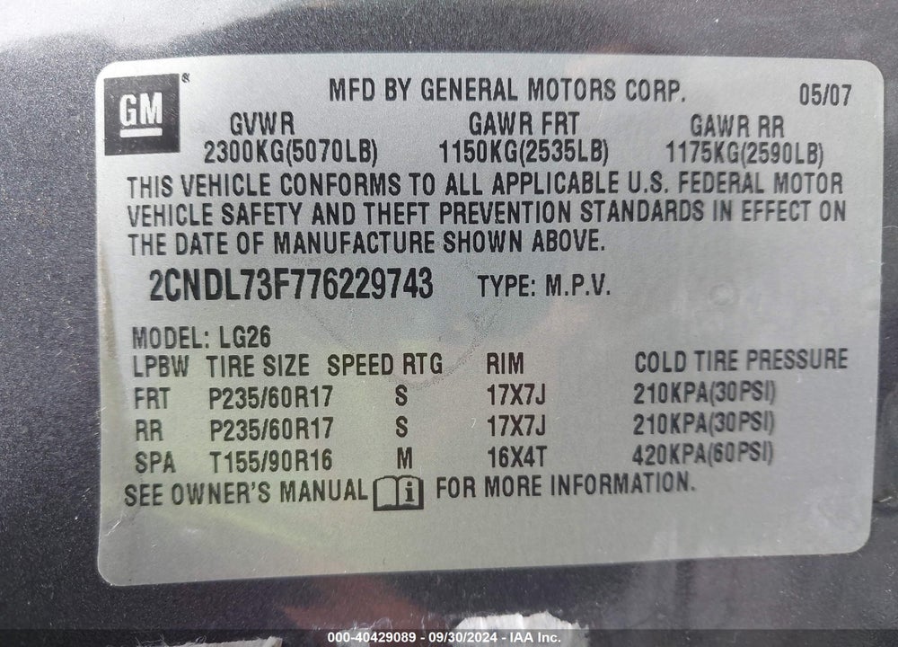 2007 CHEVROLET EQUINOX LT VIN: 2CNDL73F776229743