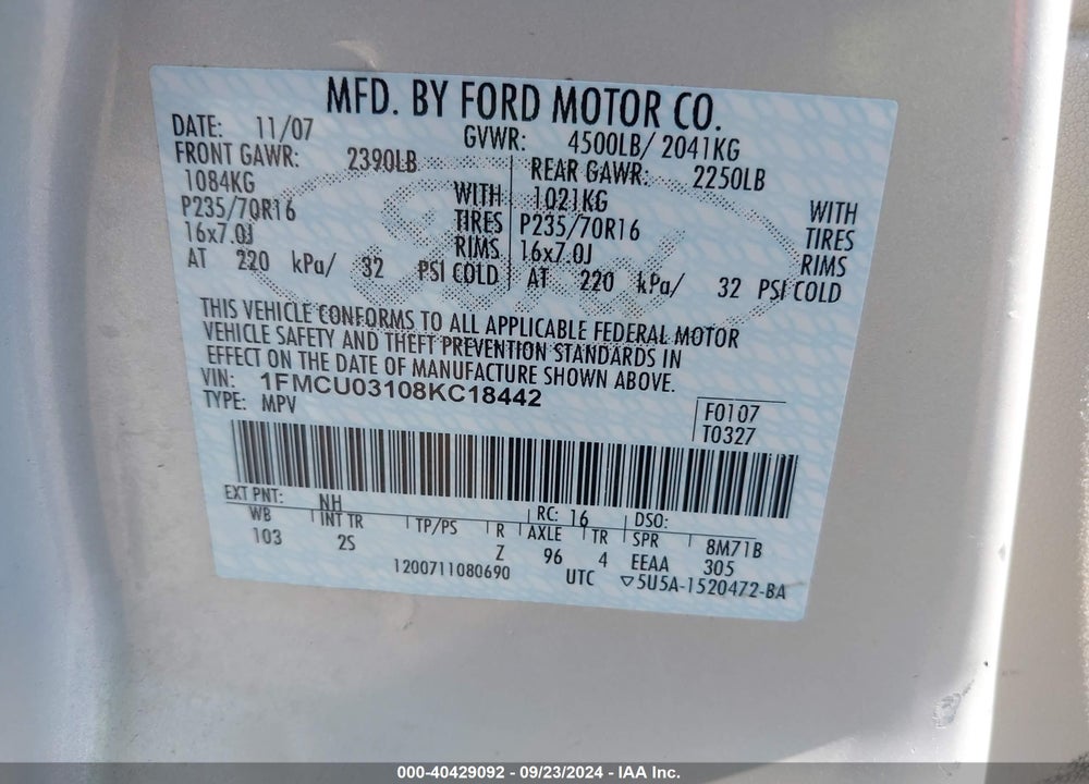 2008 FORD ESCAPE XLT VIN: 1FMCU03108KC18442