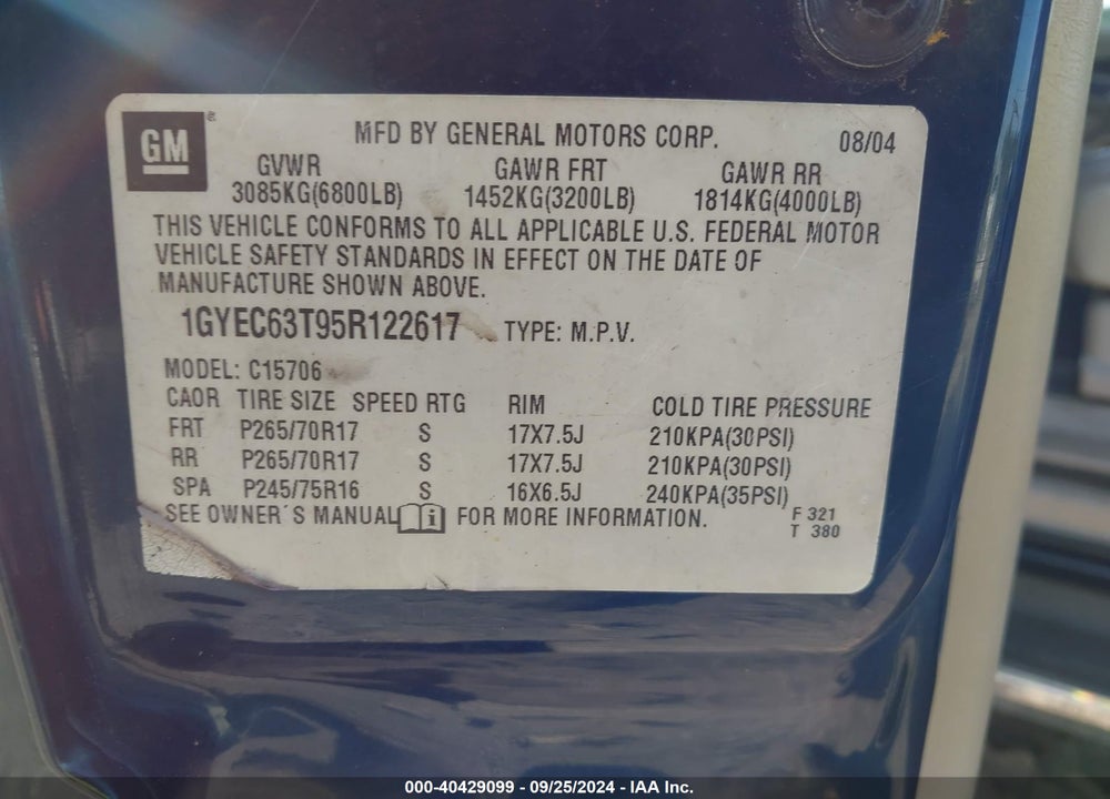 2005 CADILLAC ESCALADE STANDARD VIN: 1GYEC63T95R122617
