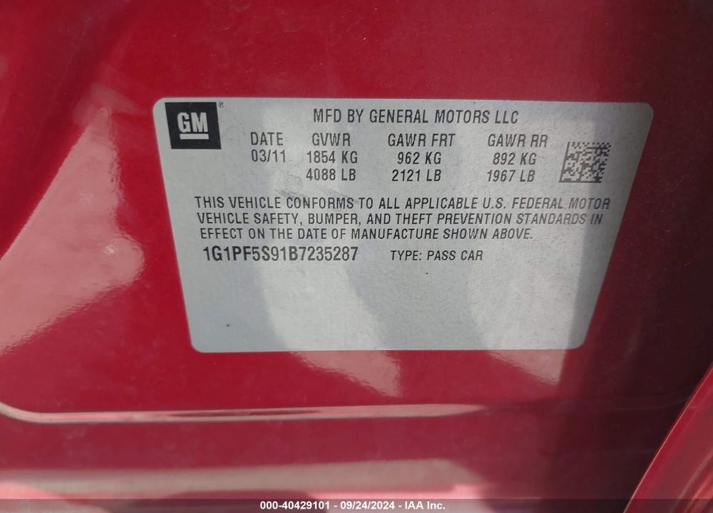 2011 CHEVROLET CRUZE 1LT VIN: 1G1PF5S91B7235287