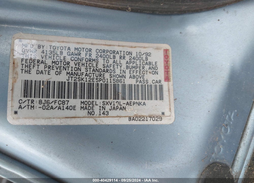 1993 TOYOTA CAMRY LE VIN: JT2SK12E5P0115861