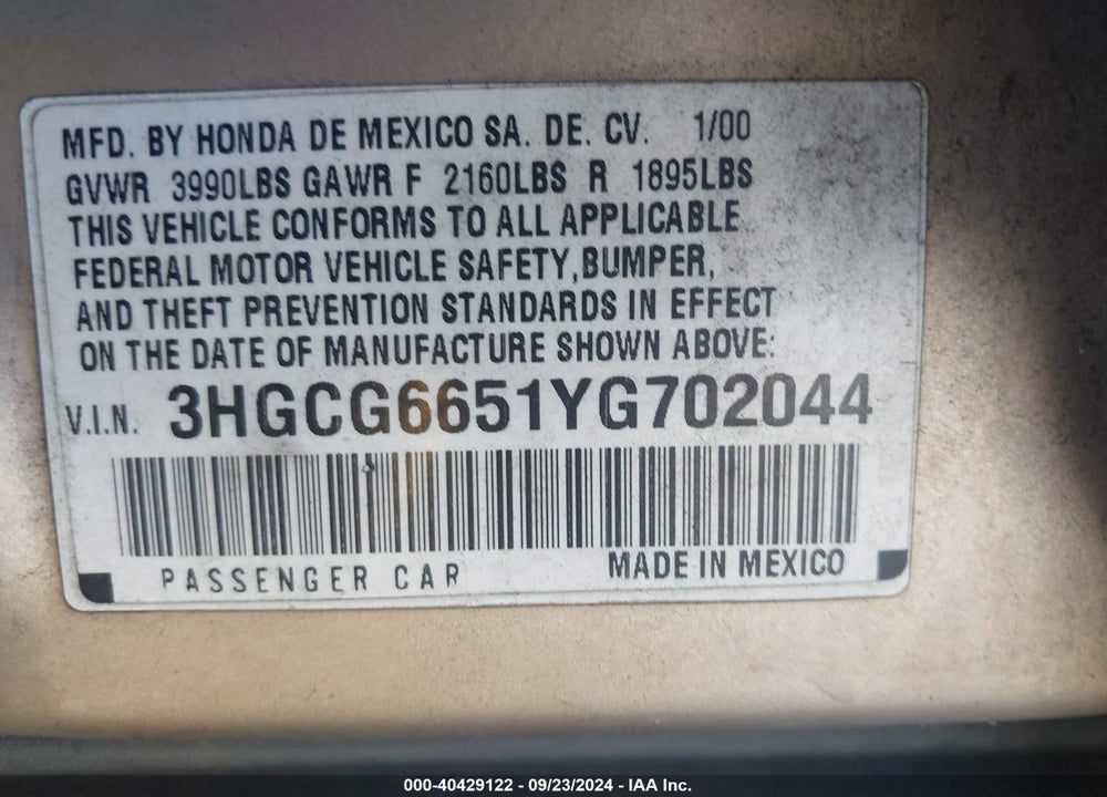 2000 HONDA ACCORD 2.3 LX VIN: 3HGCG6651YG702044