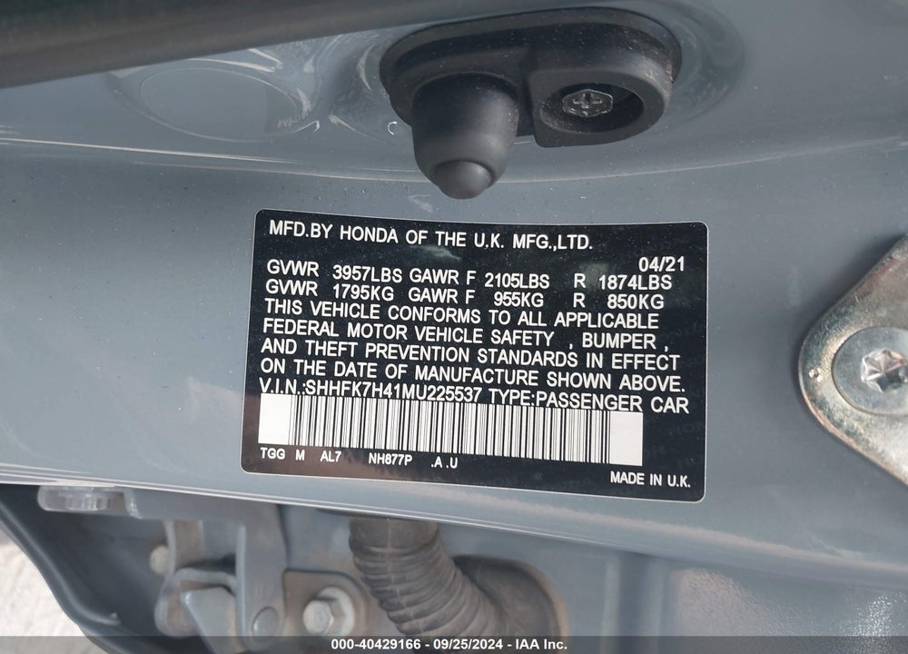 2021 HONDA CIVIC SPORT VIN: SHHFK7H41MU225537