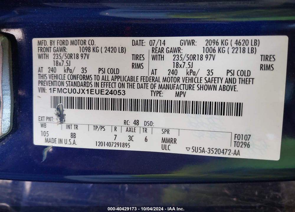 2014 FORD ESCAPE TITANIUM VIN: 1FMCU0JX1EUE24053