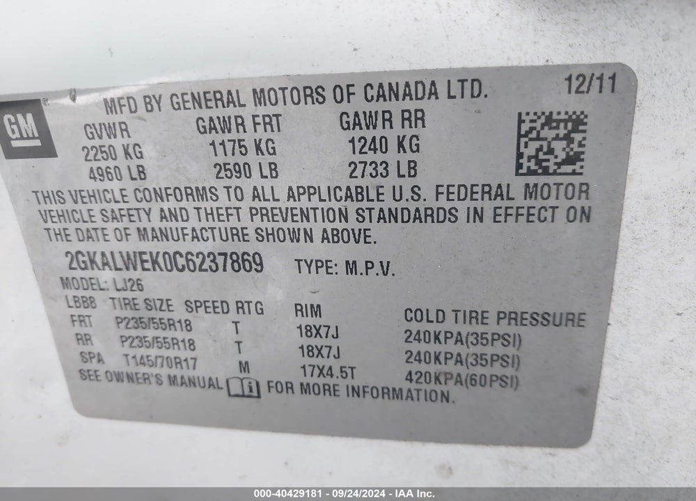 2012 GMC TERRAIN SLT-2 VIN: 2GKALWEK0C6237869