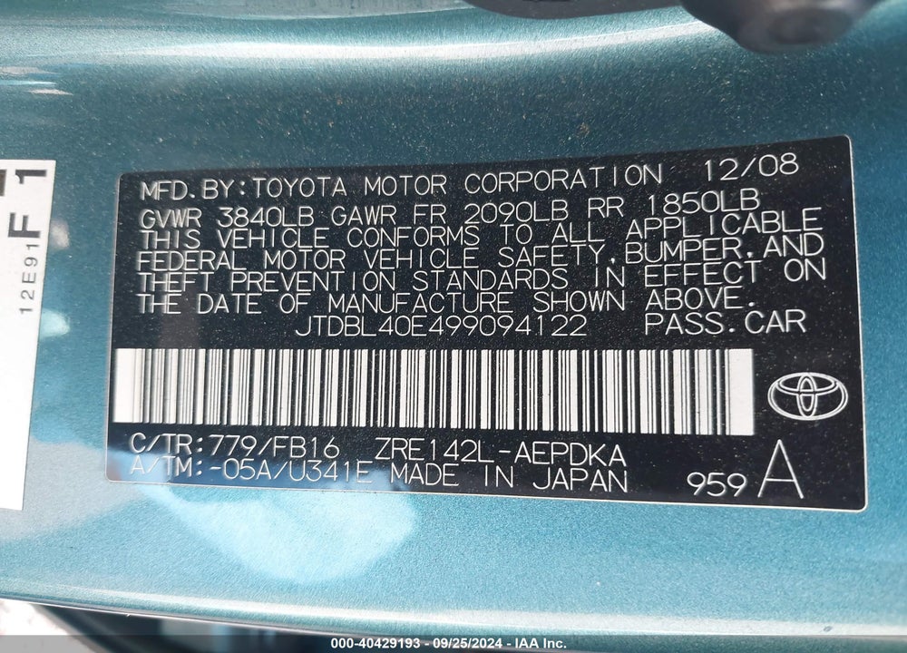 2009 TOYOTA COROLLA VIN: JTDBL40E499094122