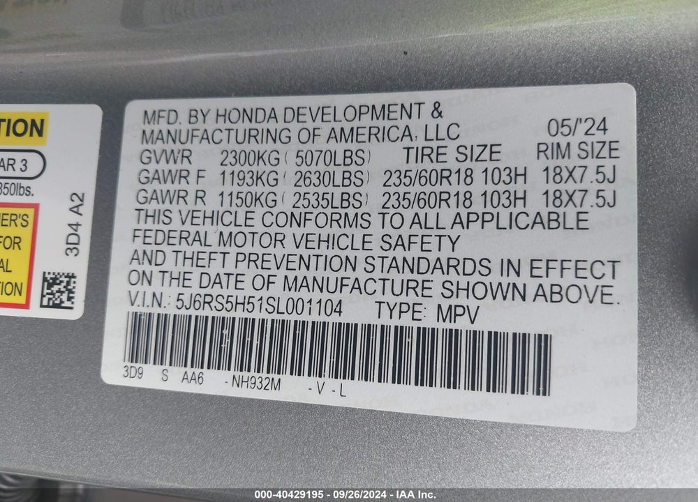 2025 HONDA CR-V HYBRID SPORT VIN: 5J6RS5H51SL001104