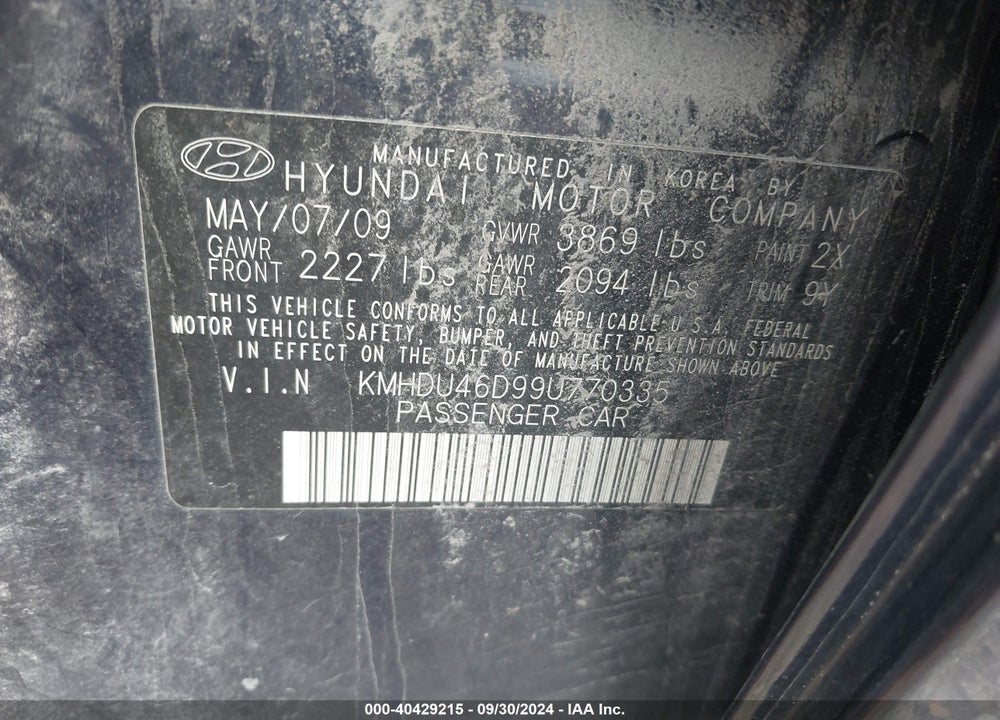 2009 HYUNDAI ELANTRA GLS VIN: KMHDU46D99U770335