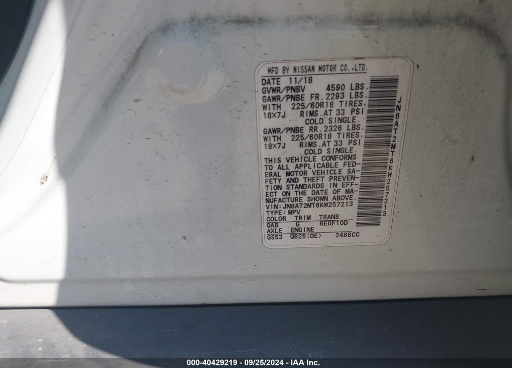 2019 NISSAN ROGUE SV VIN: JN8AT2MT6KW257213