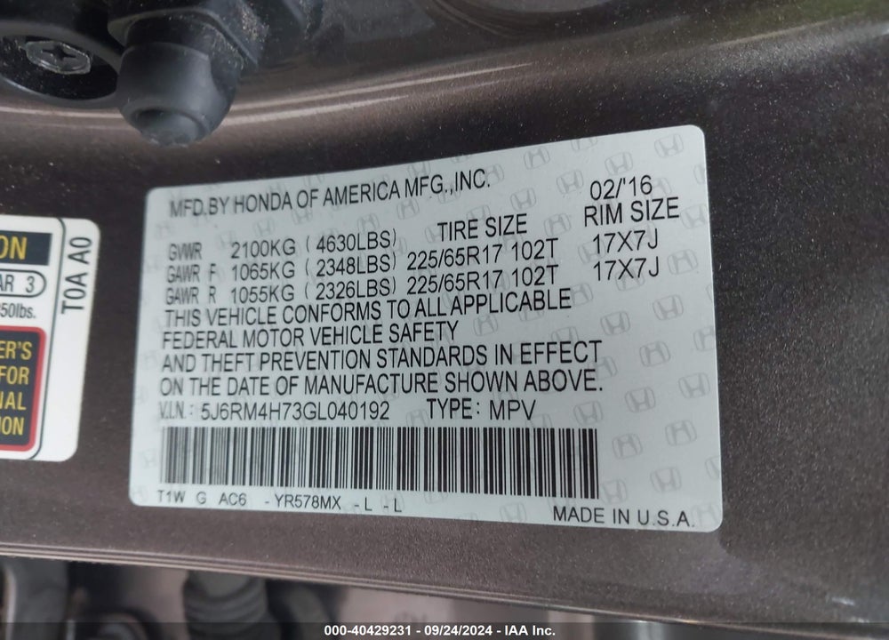 2016 HONDA CR-V EX-L VIN: 5J6RM4H73GL040192