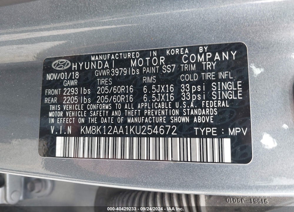 2019 HYUNDAI KONA SE VIN: KM8K12AA1KU254672