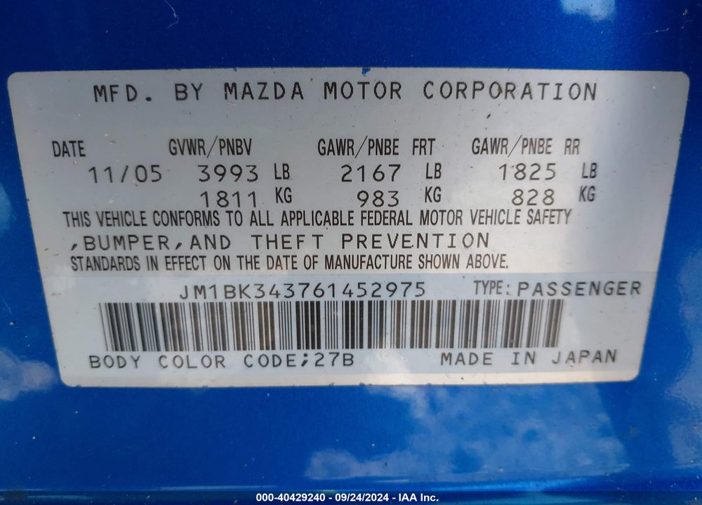 2006 MAZDA 3 S GRAND TOURING VIN: JM1BK343761452975