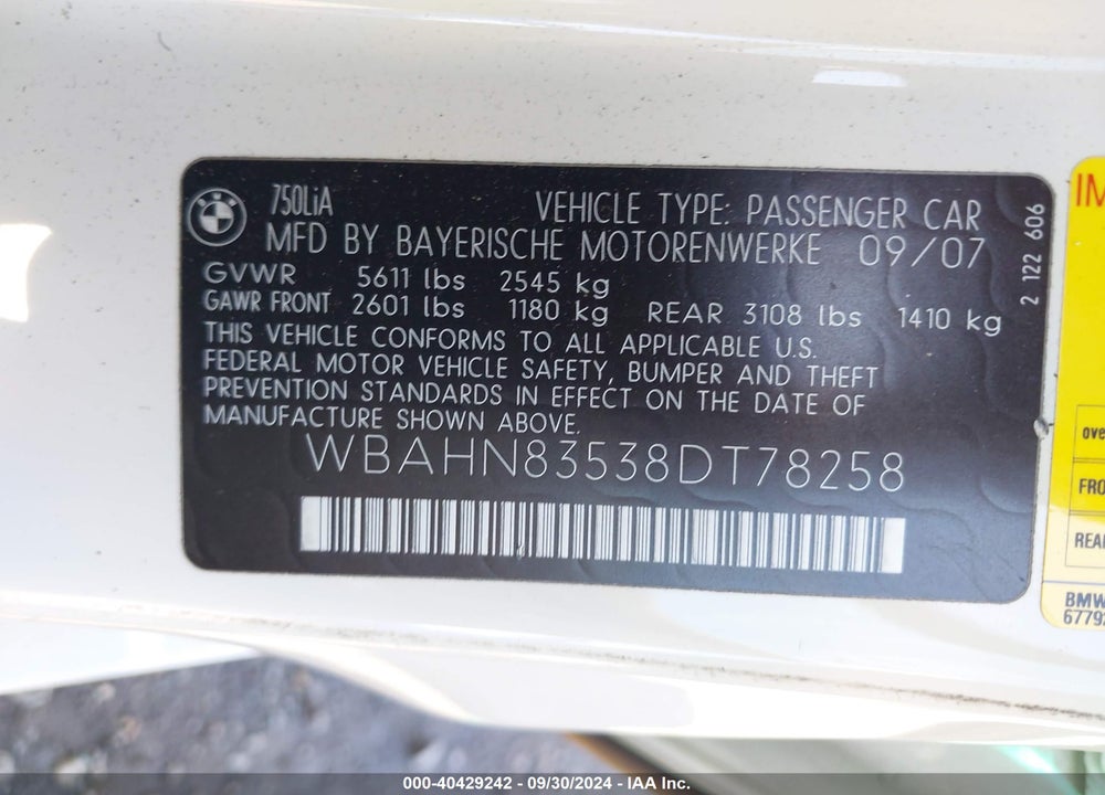 2008 BMW 750LI VIN: WBAHN83538DT78258
