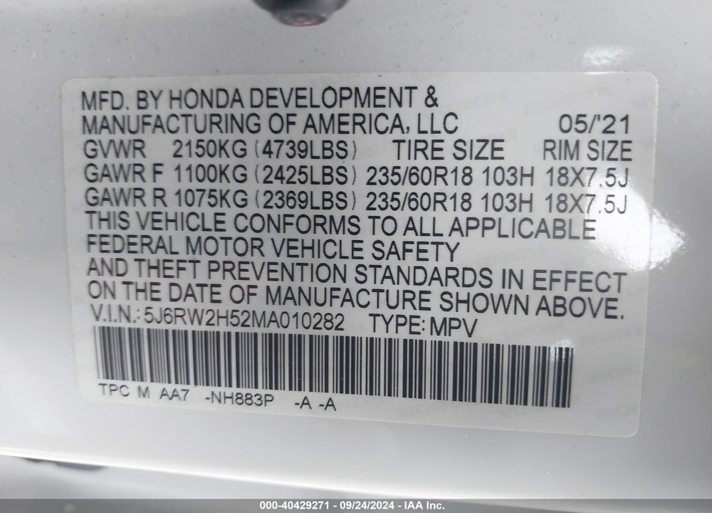 2021 HONDA CR-V AWD EX VIN: 5J6RW2H52MA010282