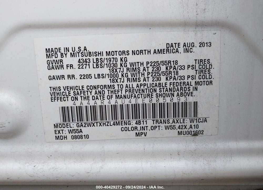 2014 MITSUBISHI OUTLANDER SPORT SE VIN: 4A4AR4AU4EE005093