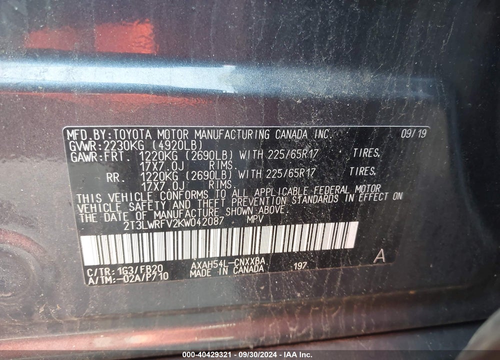 2019 TOYOTA RAV4 HYBRID LE VIN: 2T3LWRFV2KW042087
