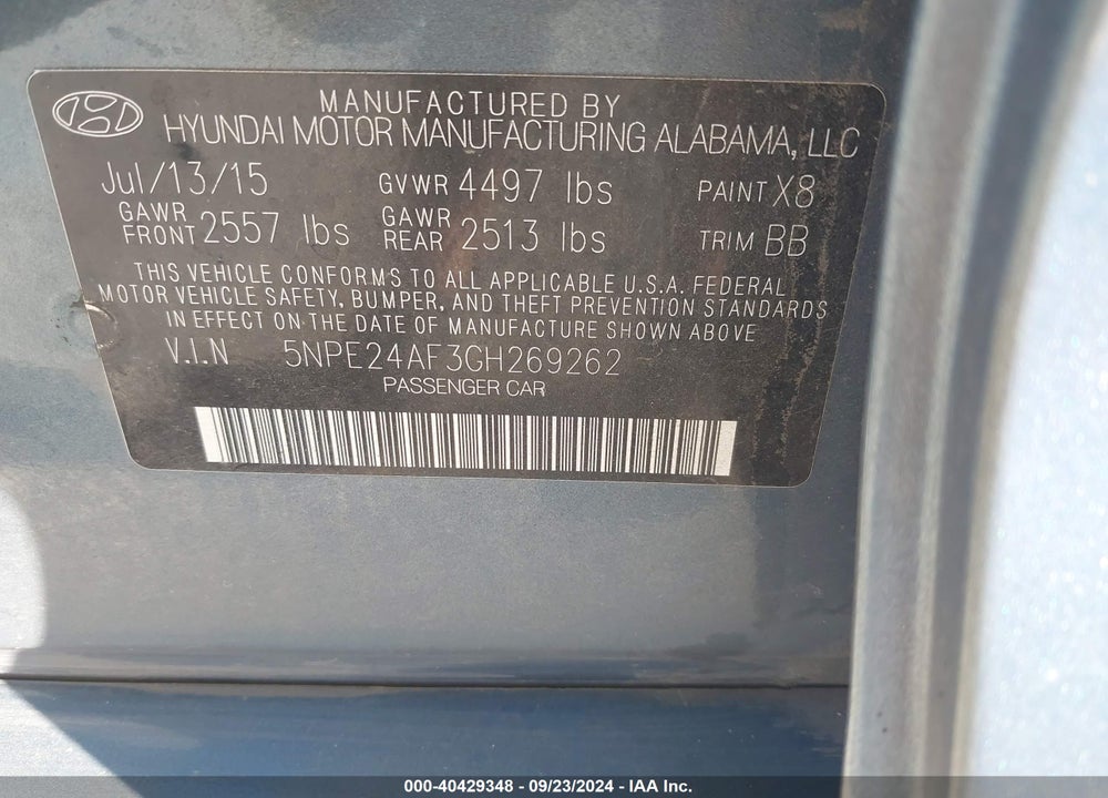 2016 HYUNDAI SONATA SE VIN: 5NPE24AF3GH269262