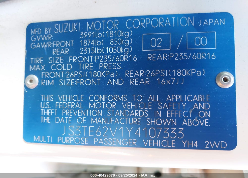2000 SUZUKI GRAND VITARA JLS/JLS+/LIMITED VIN: JS3TE62V1Y4107333
