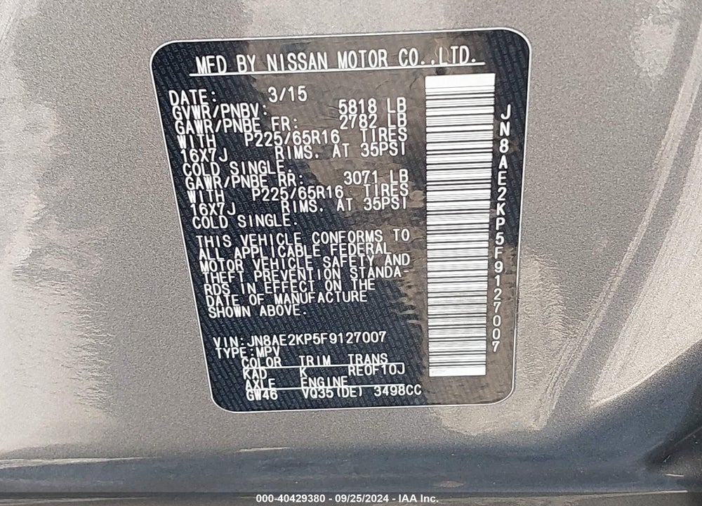 2015 NISSAN QUEST PLATINUM/S/SL/SV VIN: JN8AE2KP5F9127007
