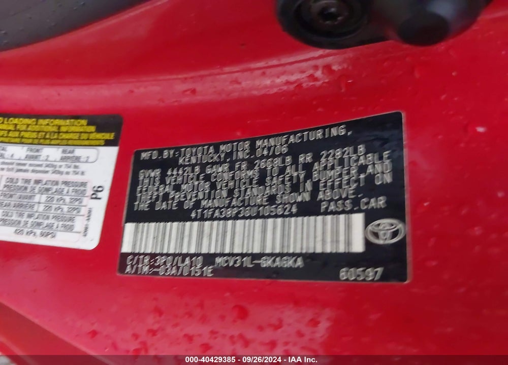 2006 TOYOTA CAMRY SOLARA SLE VIN: 4T1FA38P36U105624