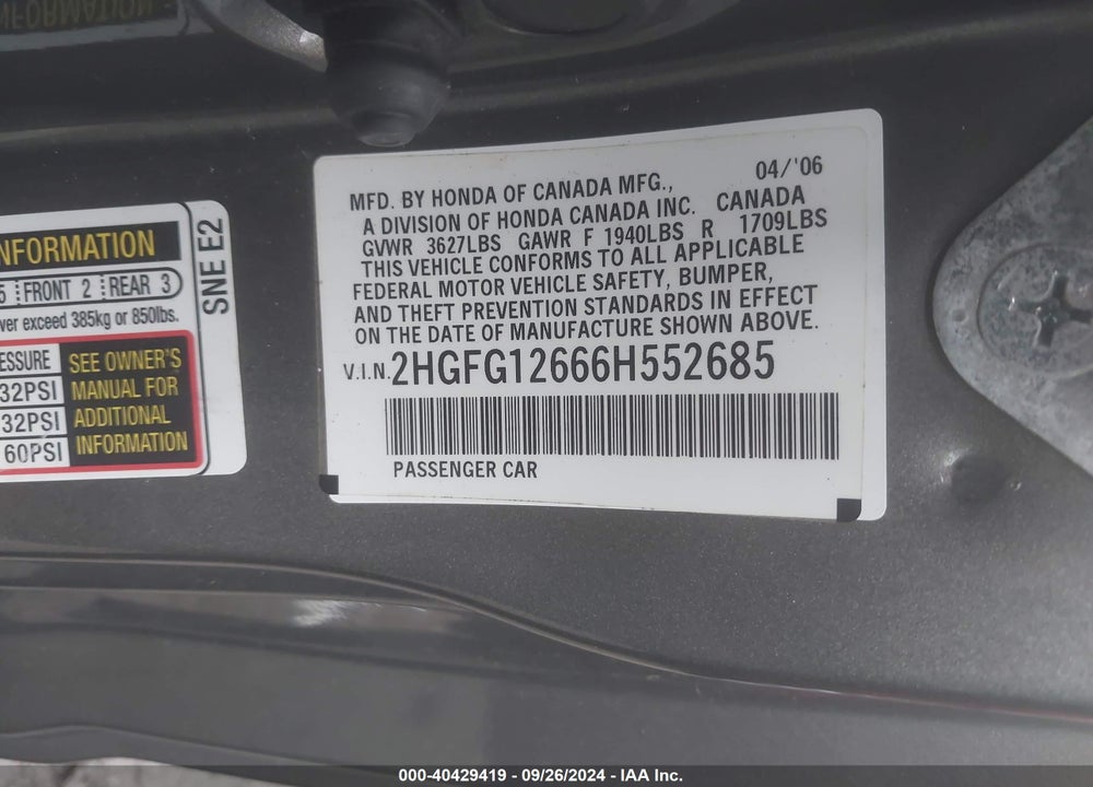 2006 HONDA CIVIC LX VIN: 2HGFG12666H552685