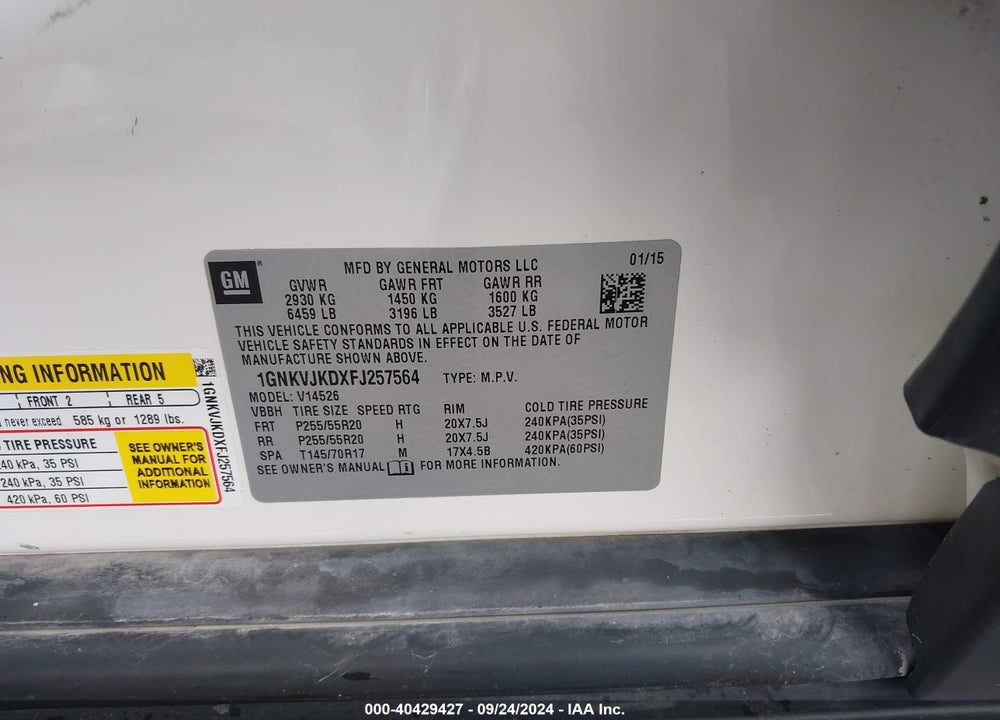 2015 CHEVROLET TRAVERSE LTZ VIN: 1GNKVJKDXFJ257564