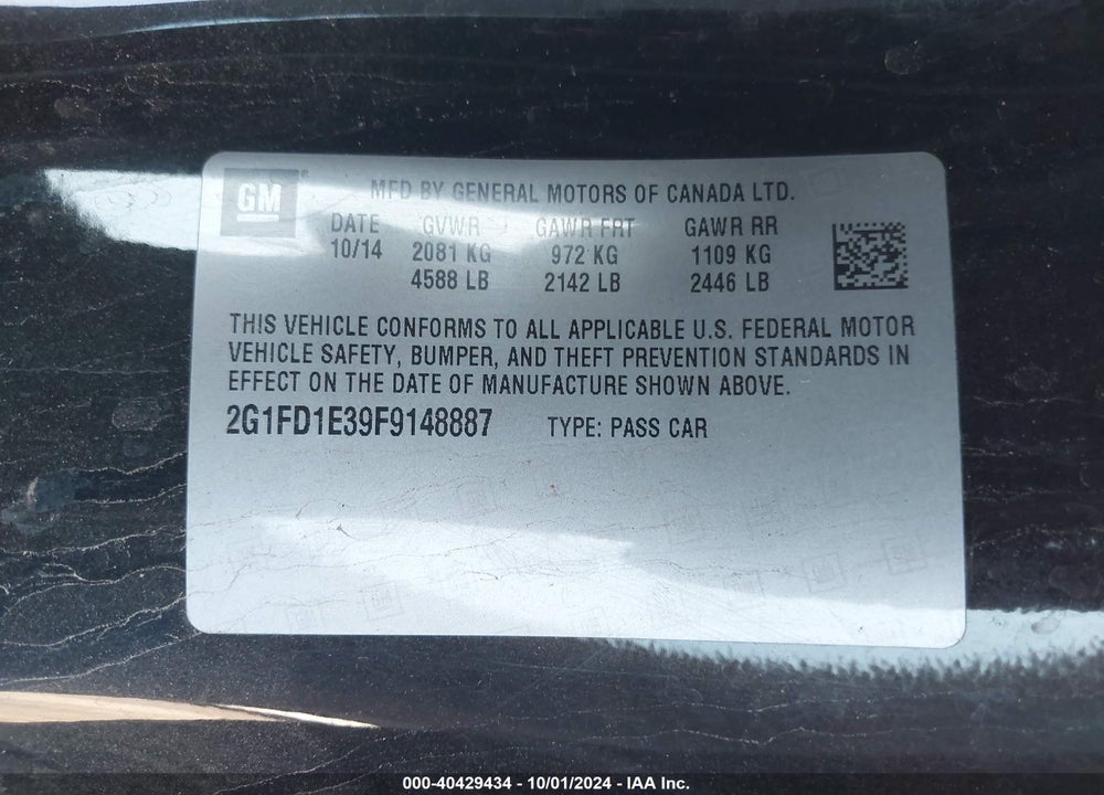 2015 CHEVROLET CAMARO VIN: 2G1FD1E39F9148887