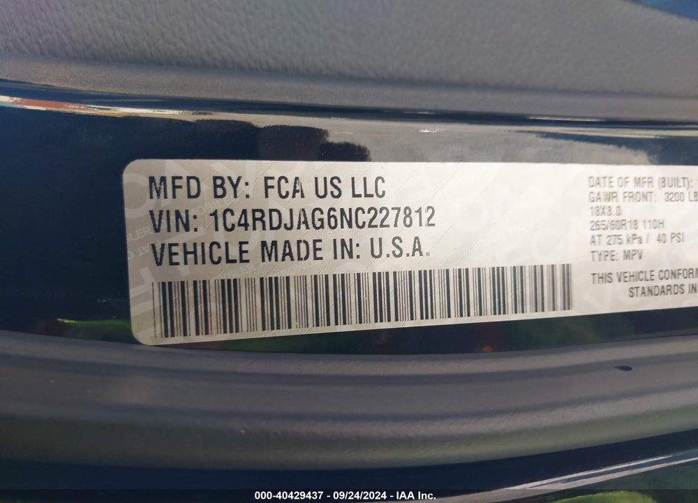 2022 DODGE DURANGO SXT AWD VIN: 1C4RDJAG6NC227812