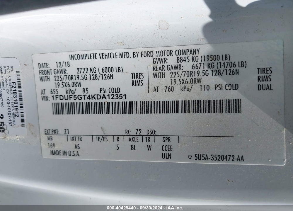 2019 FORD F-550 CHASSIS XL VIN: 1FDUF5GT4KDA12351