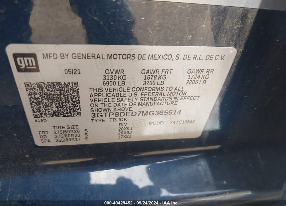 2021 GMC SIERRA 1500 2WD SHORT BOX SLT VIN: 3GTP8DED7MG365514