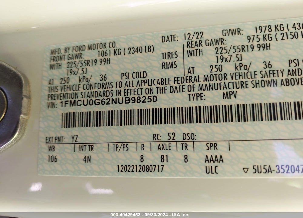 2022 FORD ESCAPE VIN: 1FMCU0G62NUB98250