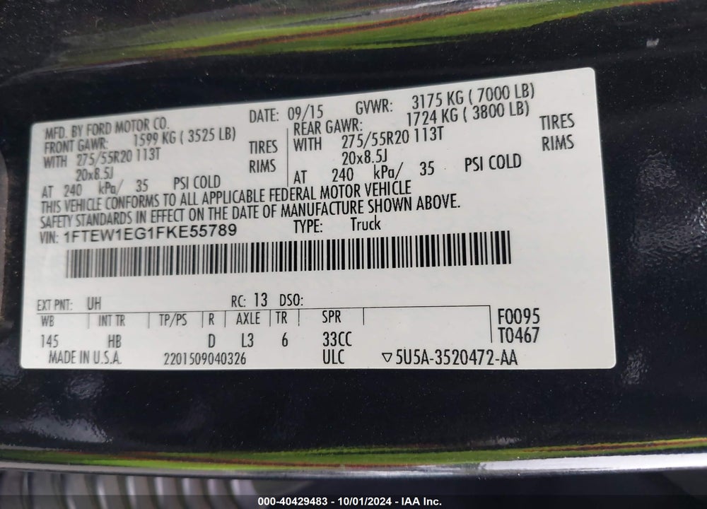 2015 FORD F-150 LARIAT VIN: 1FTEW1EG1FKE55789