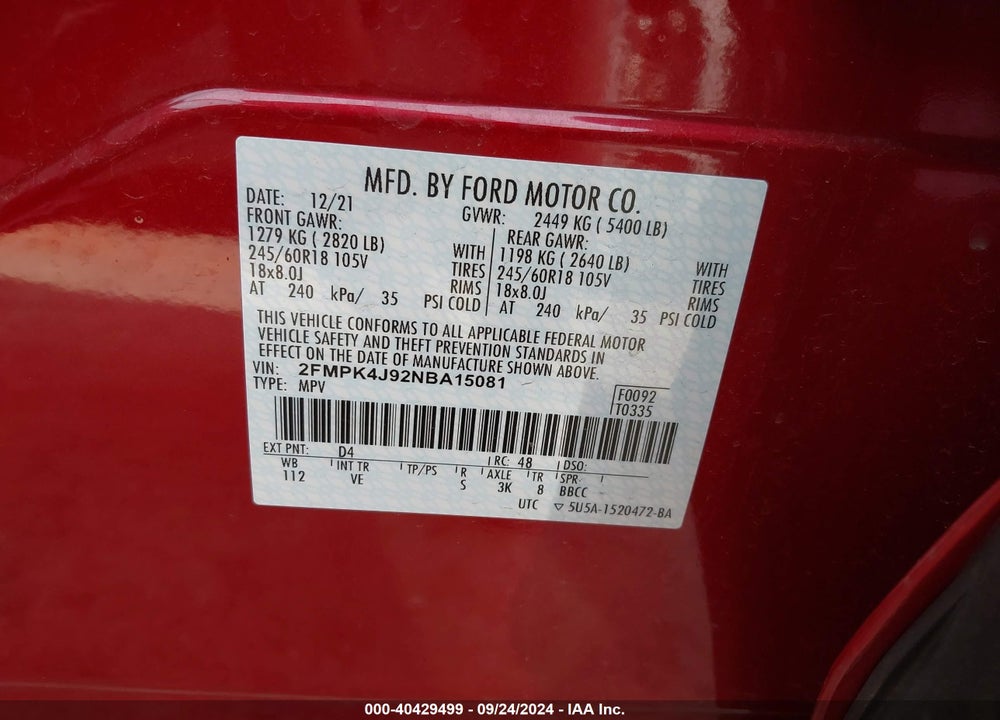 2022 FORD EDGE SEL VIN: 2FMPK4J92NBA15081
