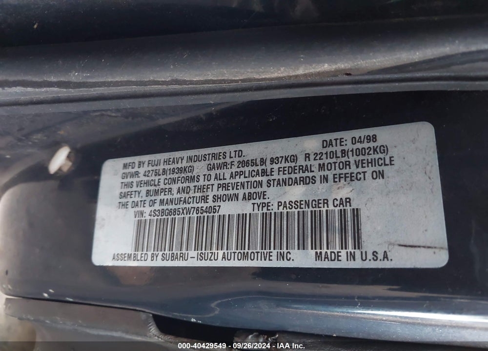 1998 SUBARU LEGACY OUTBACK/OUTBACK LIMITED/OUTBACK SPORT VIN: 4S3BG685XW7654057