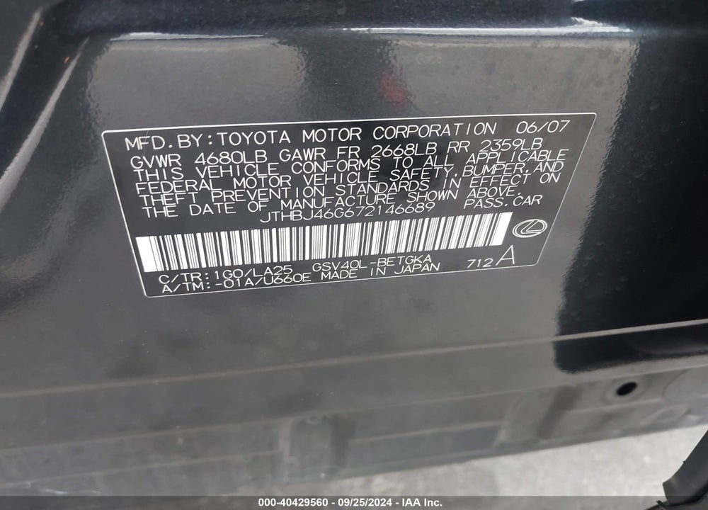 2007 LEXUS ES 350 VIN: JTHBJ46G672146689
