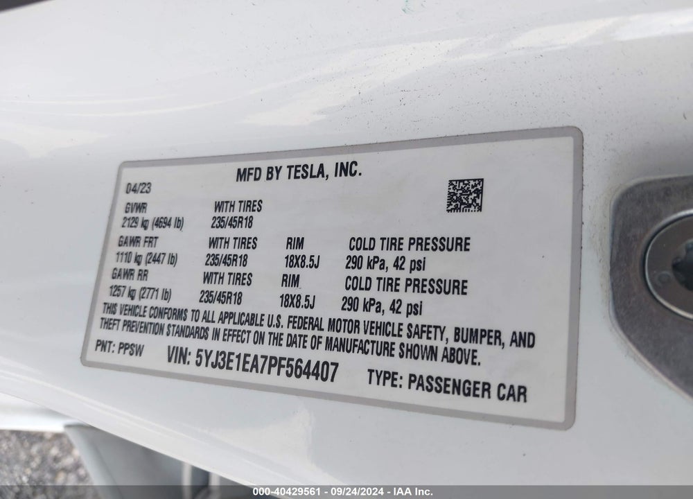 2023 TESLA MODEL 3 REAR-WHEEL DRIVE VIN: 5YJ3E1EA7PF564407