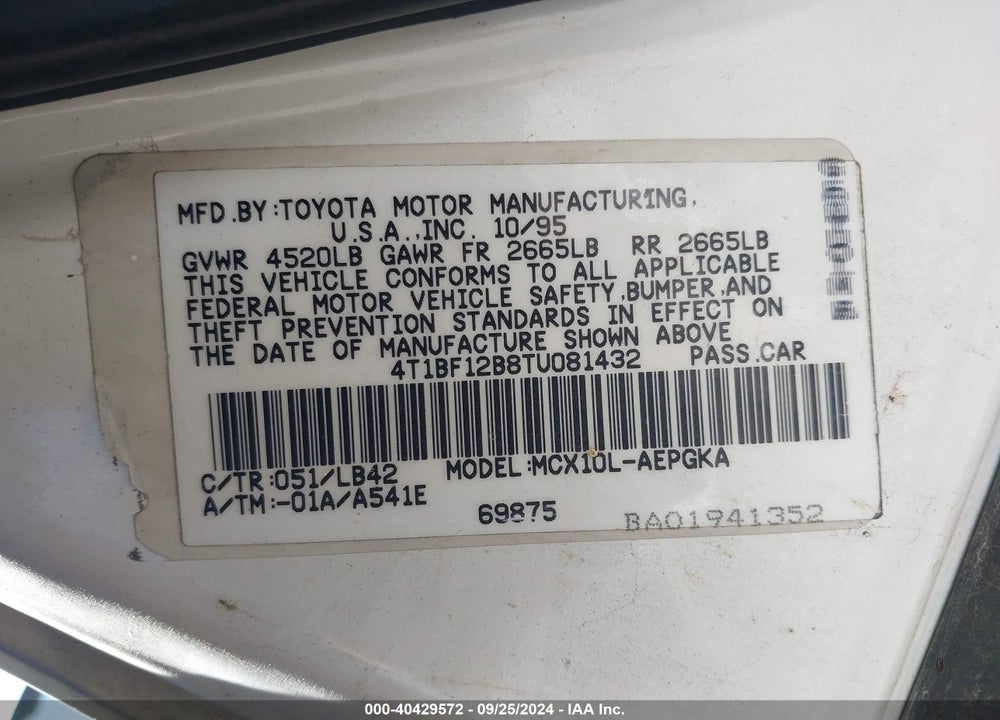 1996 TOYOTA AVALON XL/XLS VIN: 4T1BF12B8TU081432