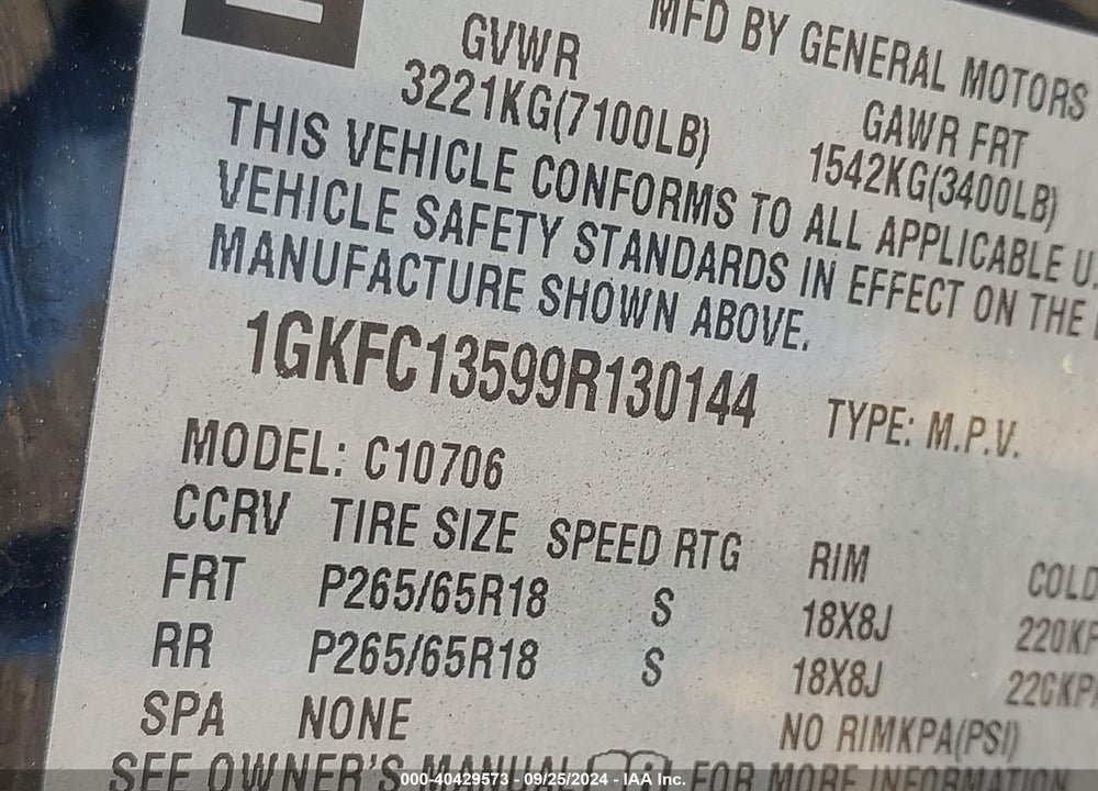 2009 GMC YUKON HYBRID VIN: 1GKFC13599R130144