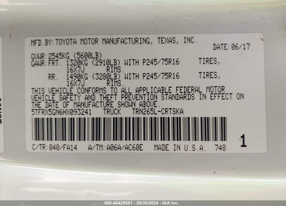 2017 TOYOTA TACOMA SR VIN: 5TFRX5GN6HX093241