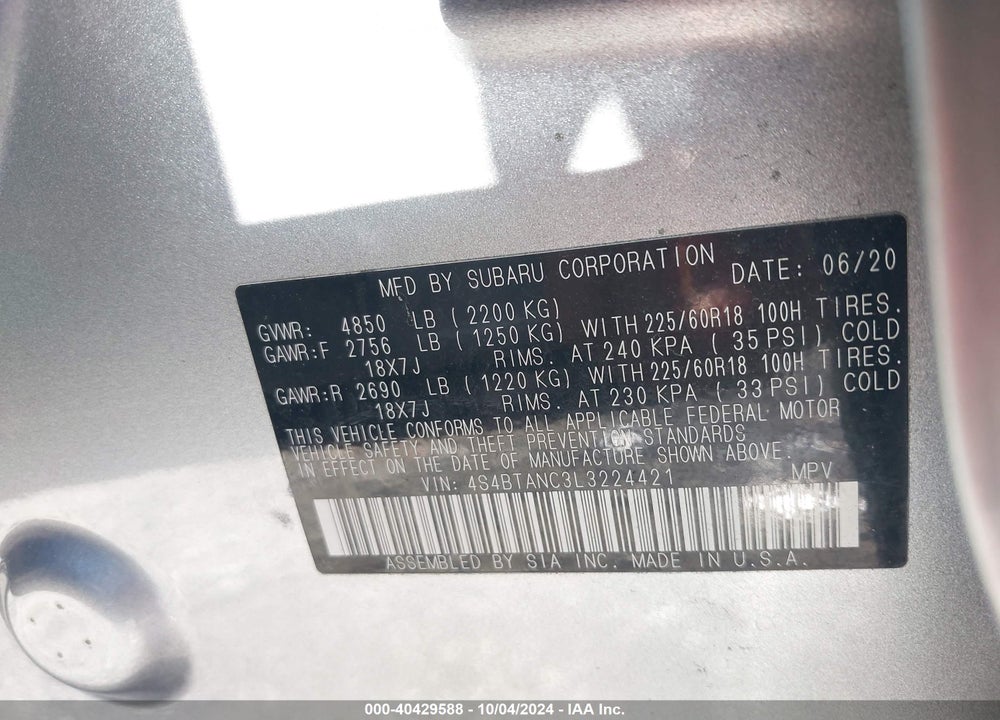 2020 SUBARU OUTBACK LIMITED VIN: 4S4BTANC3L3224421
